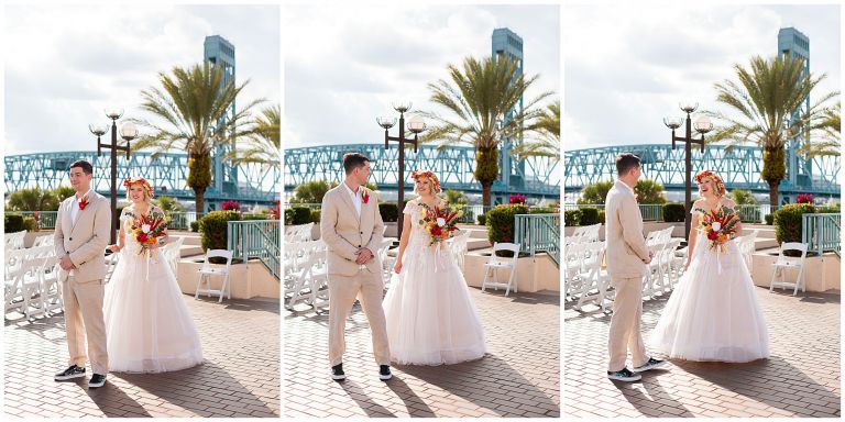 First look of bride and groom at Hyatt Regency Jacksonville near bridge