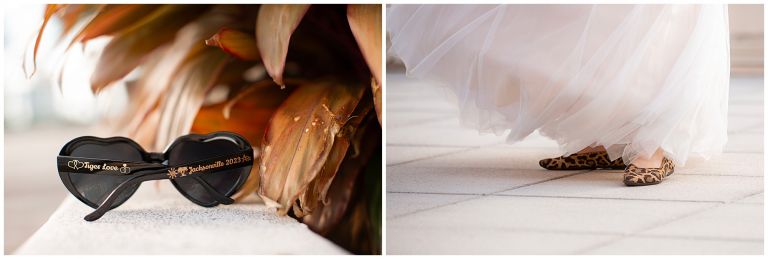 Wedding details of sunglasses and leopard print shoes