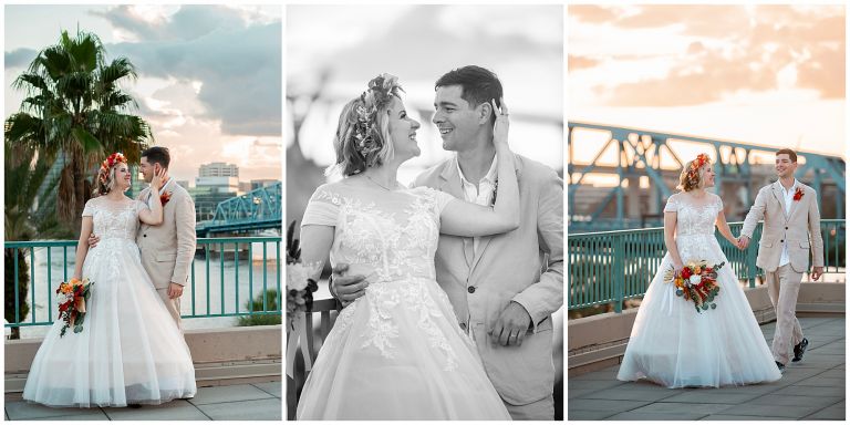 Bride and groom in front of bridge during sunset