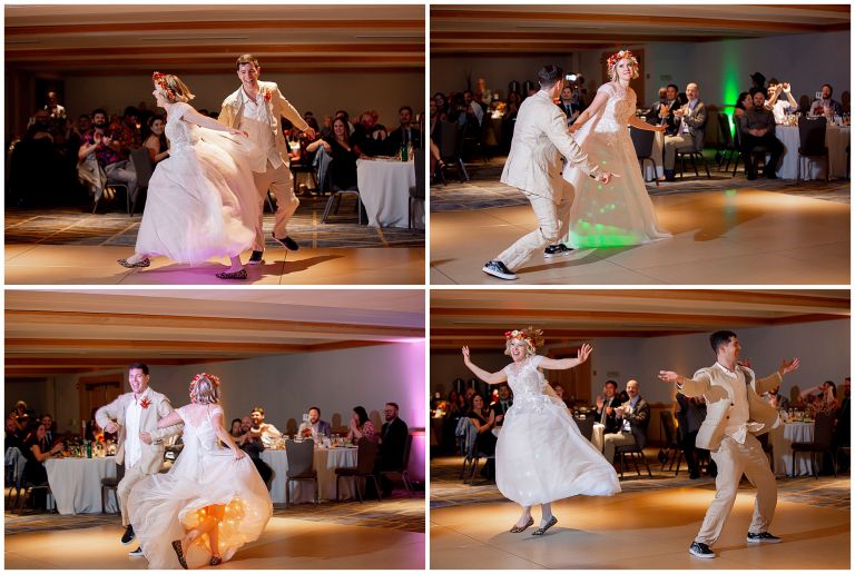Bride and groom dancing at wedding reception with colorful lights